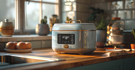 A square retro rice cooker with a flat display area at the top table. Generative AI.