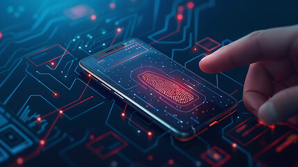 Digital information technology and cyber security concept mobile smartphone using biometric fingerprint and Two-factor authentication app login - obrazy, fototapety, plakaty