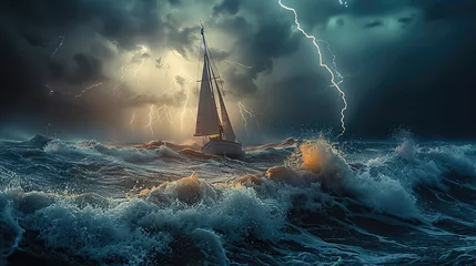Deurstickers Sea, waves, lightning, thunderstorms, sailboat. Generative AI. © visoot