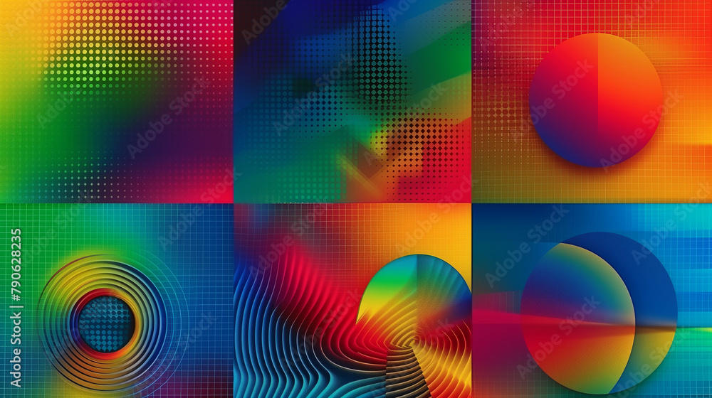 Aufkleber set of abstract colorful backgrounds with halftone gradients.