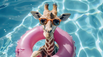 Top view of white giraffe in summer sunglasses and straw hat relaxing on pink inflatable ring mattress while swimming in pool. Generative AI. - obrazy, fototapety, plakaty