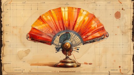 Vintage steam-powered fan with ornate design and vibrant stained glass - obrazy, fototapety, plakaty