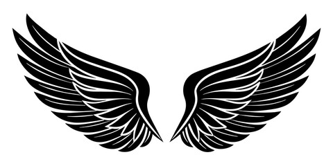 They depict a pair of stylized wings with feathered details, symmetrical and spread out as if ready for flight. The wings are depicted in black and white.AI generated.