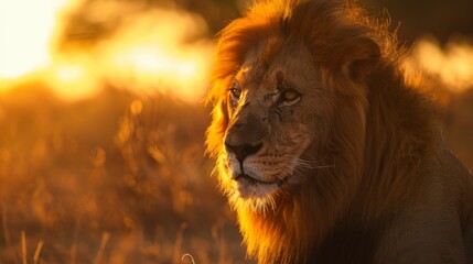 Lion close up on savanna landscape at sunset