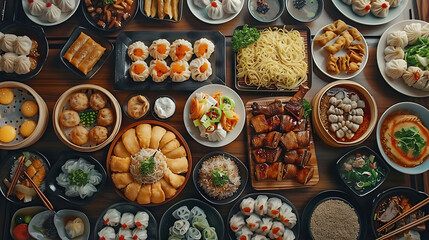 Assorted Chinese food set, Chinese noodles, fried rice, dumplings, peking duck, dim sum, spring...