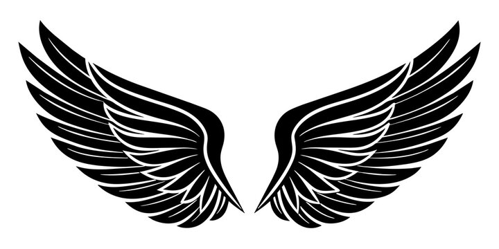 They depict a pair of stylized wings with feathered details, symmetrical and spread out as if ready for flight. The wings are depicted in black and white.AI generated.