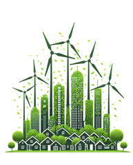 Green silhouette city with wind turbine clean, nature ecology environment
