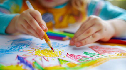Cute little girl drawing with colorful pencils at home, closeup
