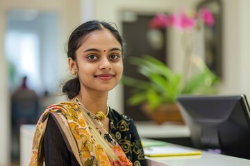 A welcoming young Indian female receptionist with a bright smile, ready to assist in a professional office environment.