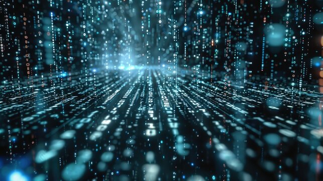 Binary code and AI algorithms run in the background of an abstract digital background. Generative AI.