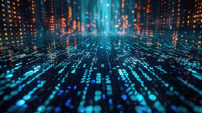 Binary code and AI algorithms run in the background of an abstract digital background. Generative AI.