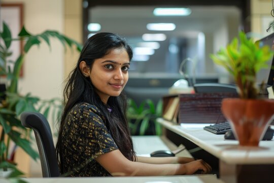A welcoming young Indian female receptionist with a bright smile, ready to assist in a professional office environment.