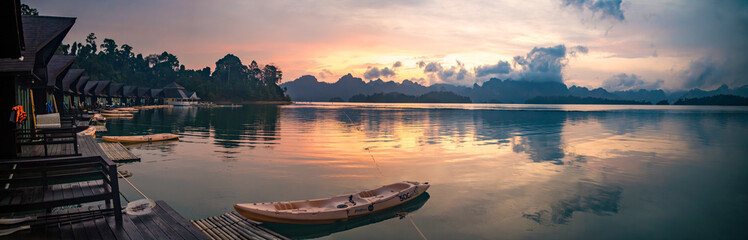 Floating bungalow on the Cheow lan Lake in Khao Sok National Park in Surat Thani, Thailand - obrazy, fototapety, plakaty