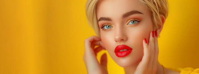 A woman with red lips and blonde hair is standing in a yellow background. Concept of confidence and beauty. Red manicure on nails. Beauty and aesthetic care. with copy space yellow background for adv