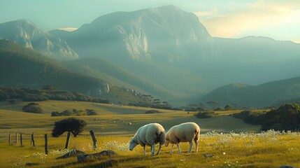 A luscious green with 2 sheep walking, with mountains at the back. Generative AI. - obrazy, fototapety, plakaty