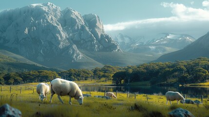 A luscious green with 2 sheep walking, with mountains at the back. Generative AI.