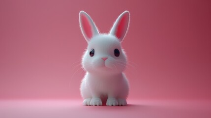 Adorable white rabbit in a 3D illustration style on pink background