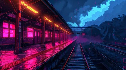 Serene twilight at a quaint railway station in vibrant isometric style