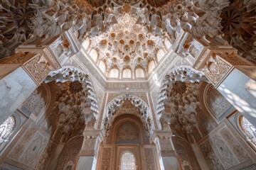 Intricate Islamic geometric patterns adorning a mosque interior