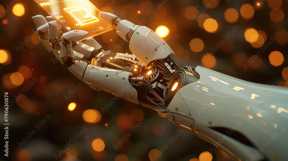 Poster a robot hand holds a glowing card, showing technology and the future in a dreamy universe. generativ
