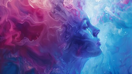 Ethereal Woman's Face Merging with Colorful Fluids