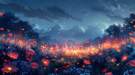 Bioluminescent Serenade: Watercolor Depiction of New Moon Night with Enchanting Glow