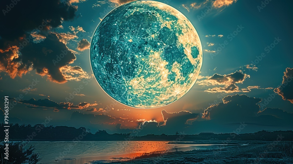 Aufkleber a dark gray full moon in a blue cloudy sky. generative ai.