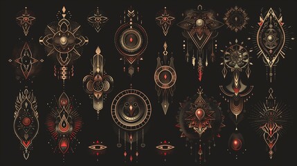 Neo-tribal symbols set. A collection of intricate esoteric graphics with golden and red highlights on a black background, featuring geometric shapes and mystical motifs.