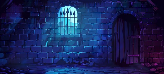 Medieval dungeon cell. Digital art of a castle's stone wall with a barred window and an arched wooden door, illuminated by cool blue light.