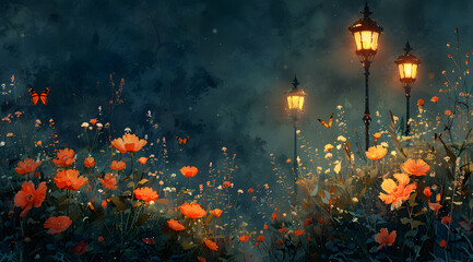 Vintage Glow: Watercolor Night Scene with Butterflies and Soft Illumination
