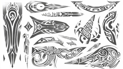 Cyberpunk tribal tattoo designs. A monochrome set of futuristic tribal patterns, blending sharp angles and organic curves in a high-contrast style.