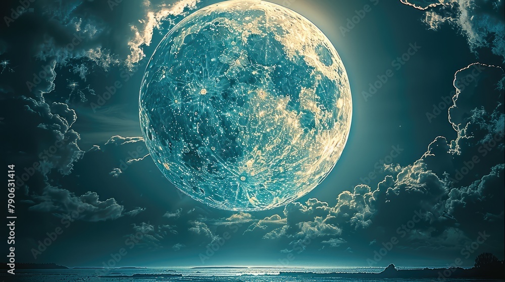 Aufkleber a dark gray full moon in a blue cloudy sky. generative ai.