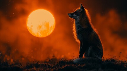 Majestic fox sits contemplatively against a stunning sunset backdrop