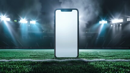 Smartphone in white screen for mock up on football stadium arena for match with spotlight...