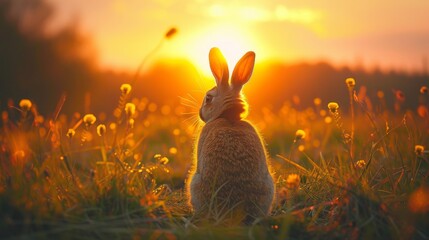 Golden hour radiance: A serene rabbit basks in the warm, sparkling sunset light