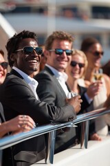 A group of friends in suits having fun on a yacht. Luxury lifestyle concept.