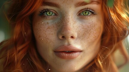 A woman whose beauty is beyond compare, with flaming locks of auburn hair. With ivory skin and eyes of emerald green. Her smile is like a breath of spring. Generative AI.