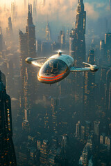 Futuristic flying machine is soaring above cityscape reminiscent of scene from science fiction movie or animated film.