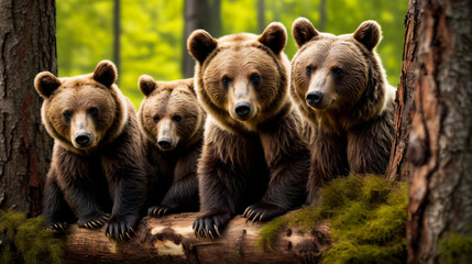 Family of bears are standing on fallen tree in the forest. - obrazy, fototapety, plakaty