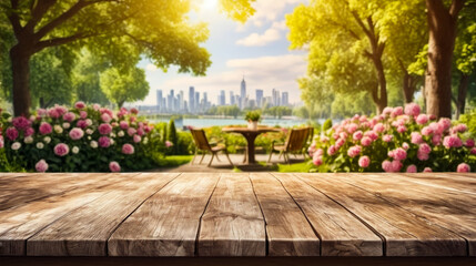 Painting of city skyline behind table and chairs set up in garden.