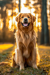 Golden retriever dog sitting in field of grass with trees behind him and the sun shining on him.