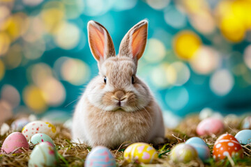 Fototapeta na wymiar Cute little bunny sitting in bed of Easter eggs.