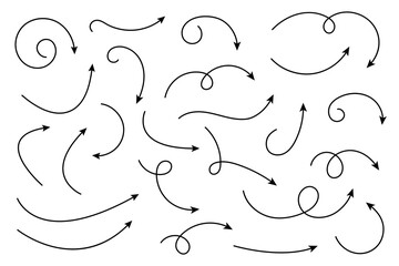 Collection of line arrows. Set simple curved hand drawn arrows. Collection of pointers.