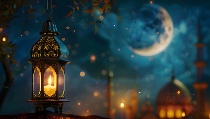 Fototapeta na wymiar Eid mubarak greetings with islamic lantern, moon and mosque wallpaper background