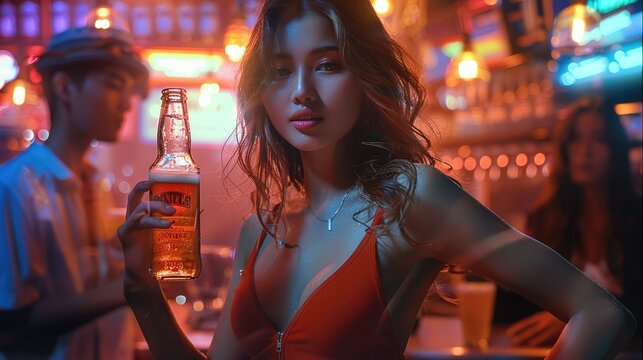 A girl dancing in a nightclub, holding a beer in her hand. Generative AI.