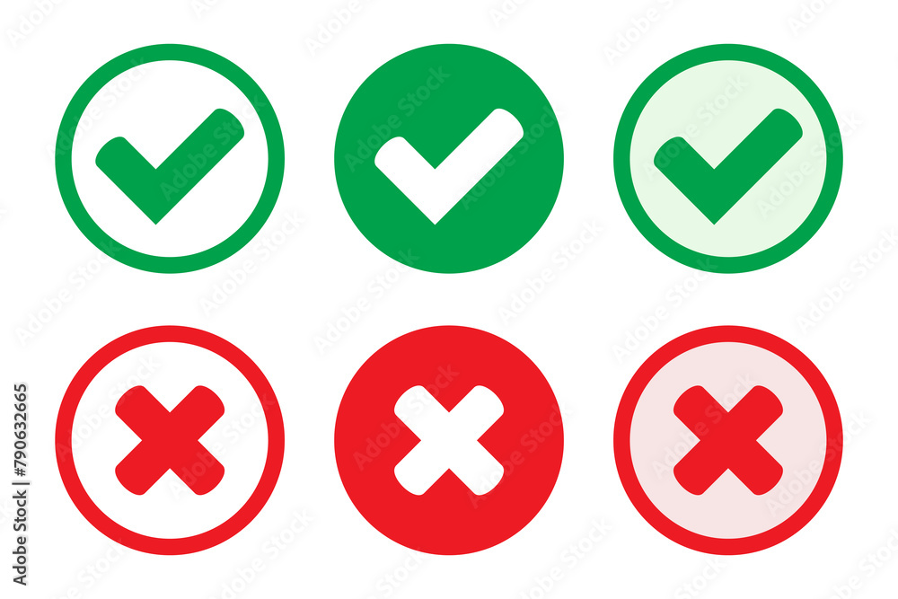 Aufkleber right or wrong icons. green tick and red cross checkmarks in circle flat icons. yes or no symbol, ap