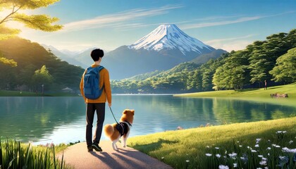 A stunning 3D render of a young man in his 20s, enjoying a peaceful weekend walk next to a serene lake.
