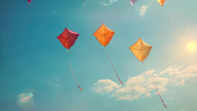 Sky Dance: Trio of Kites Against Blue Canvas. Concept Kite flying, Sky gazing, Outdoor recreation, Colorful kites, Summer adventure
