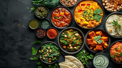 Assorted indian food on black background., Indian cuisine, Top view with copy space, hyperrealistic food photography