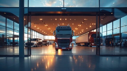 A modern truck showroom with big windows. Generative AI.